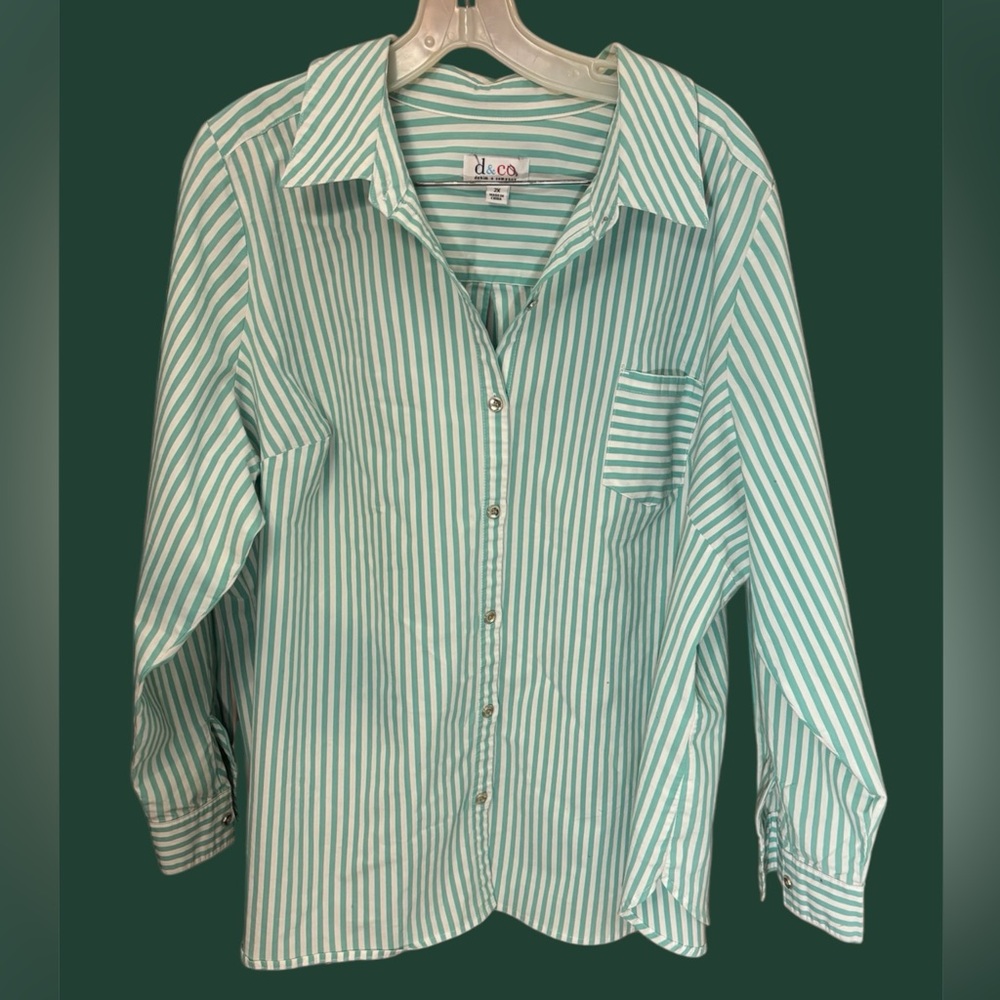 Green and white stripe button down shirt